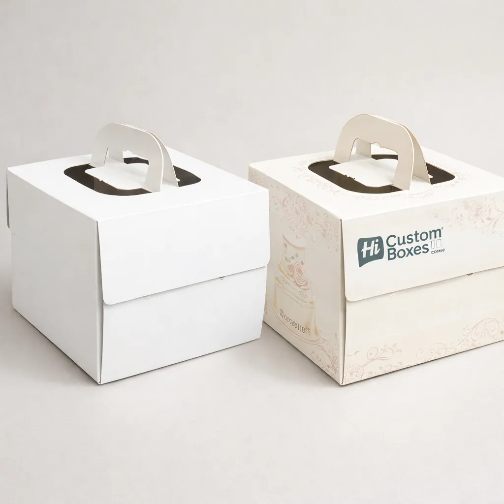 Square white and cream wedding cake packaging boxes featuring integrated carry handles and decorative pastel floral illustrations. class=